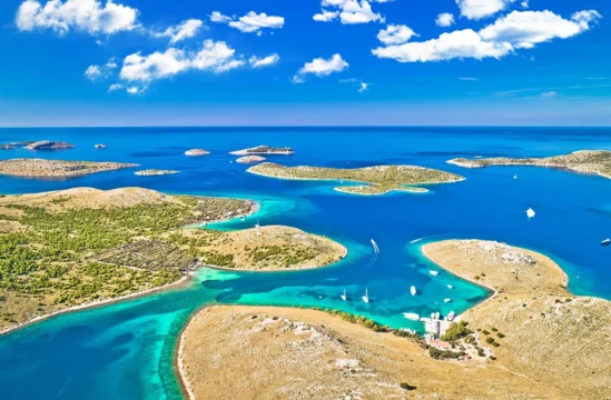 Aerial view of the Kornati Islands National Park, a premier yacht charter destination in Croatia
