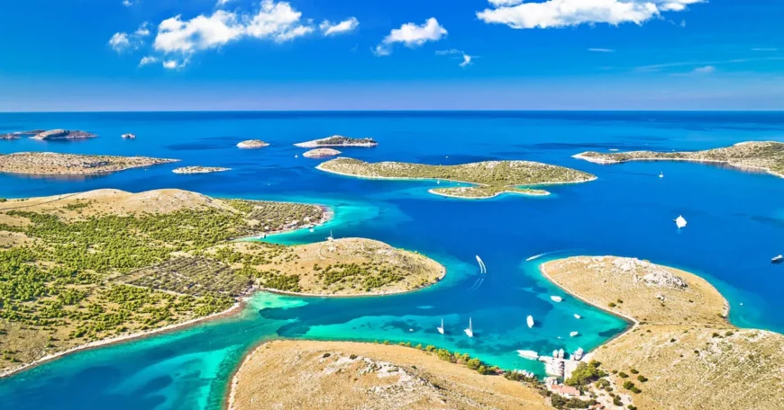 Aerial view of the Kornati Islands National Park, a premier yacht charter destination in Croatia