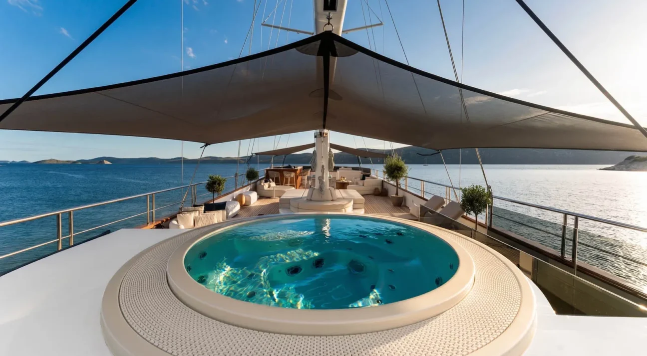 On the deck of a luxury yacht, a circular hot tub overlooks the ocean with sail shade structures overhead.
