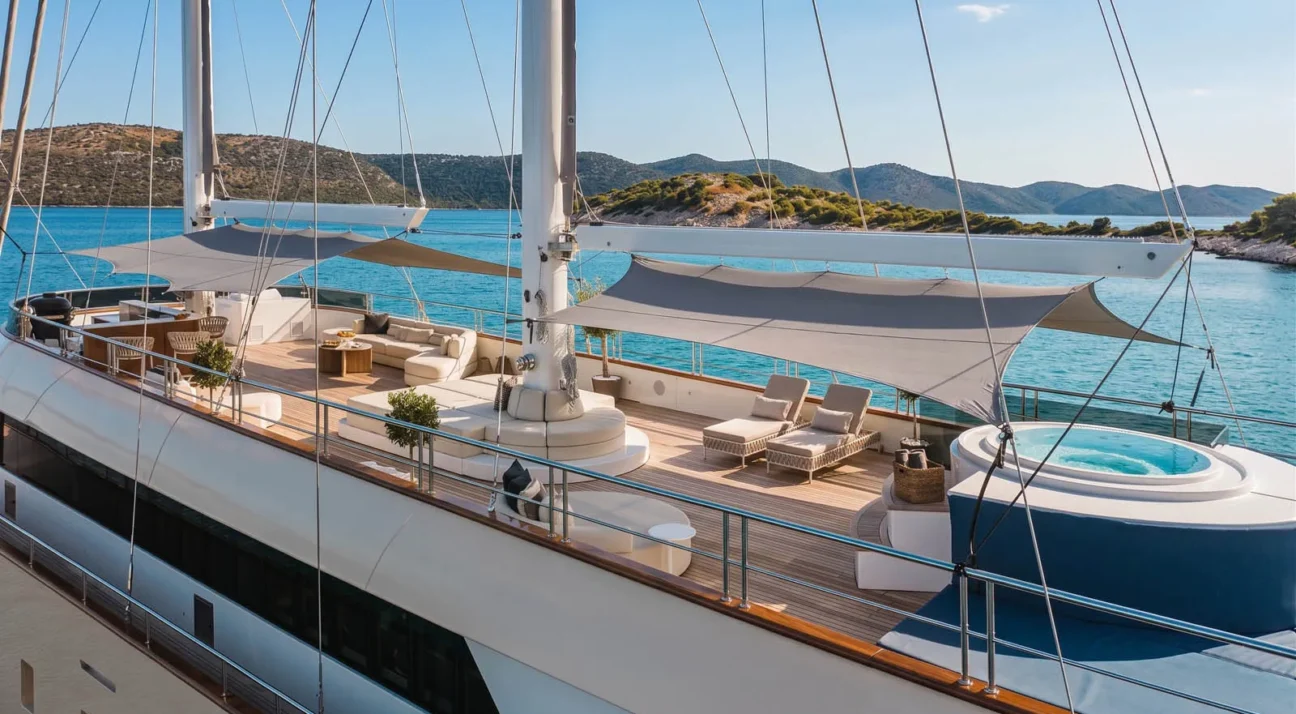 Luxurious yacht deck with beige seating, sun loungers, shade sails, and a circular hot tub, calm blue sea in the background.